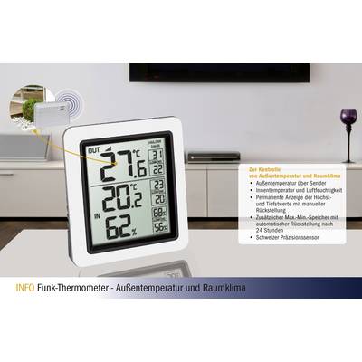 Thermomètre sans fil affiche la température intérieure et extérieure, l'humidité de l'air. Côté droit : liste des fonctions sur fond en bois.
