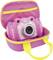 Un appareil photo rose pour enfants dans un sac assorti avec une fermeture éclair jaune et des poignées de transport. Idéal pour une photographie adaptée aux enfants.