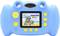 Caméra pour enfants en bleu, avec des boutons colorés et un écran affichant un paysage de plage avec un koala sur un tricycle.