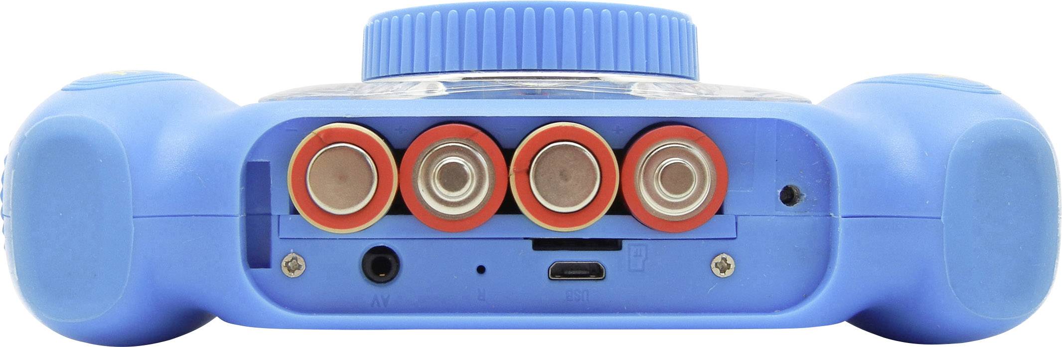 Contrôleur de jeu bleu, vue arrière. Montre le compartiment pour quatre piles AA et les ports AV et micro-USB.