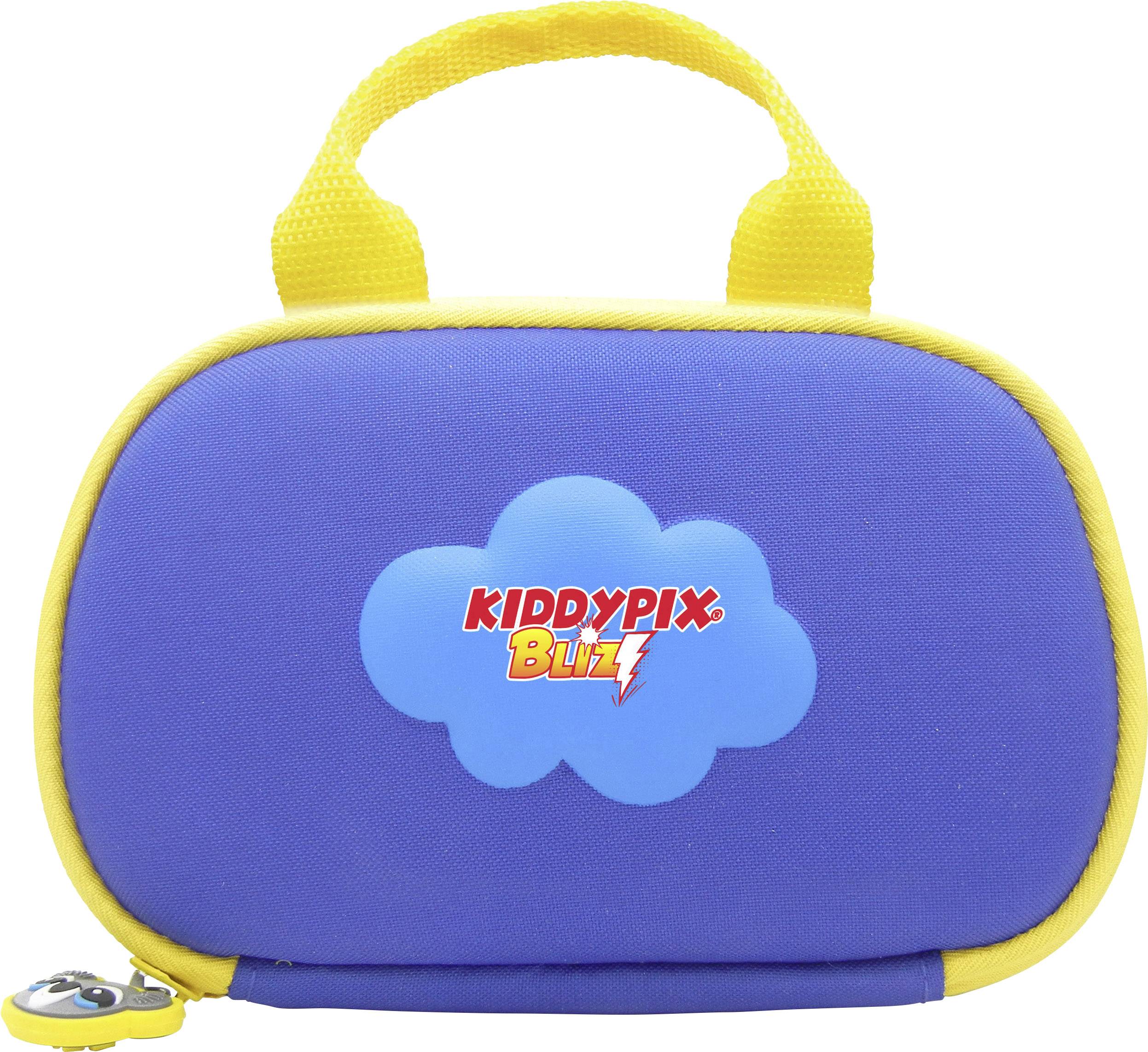 Un sac bleu avec une poignée jaune affiche le logo 'KiddyPix Blizz' sur un nuage.