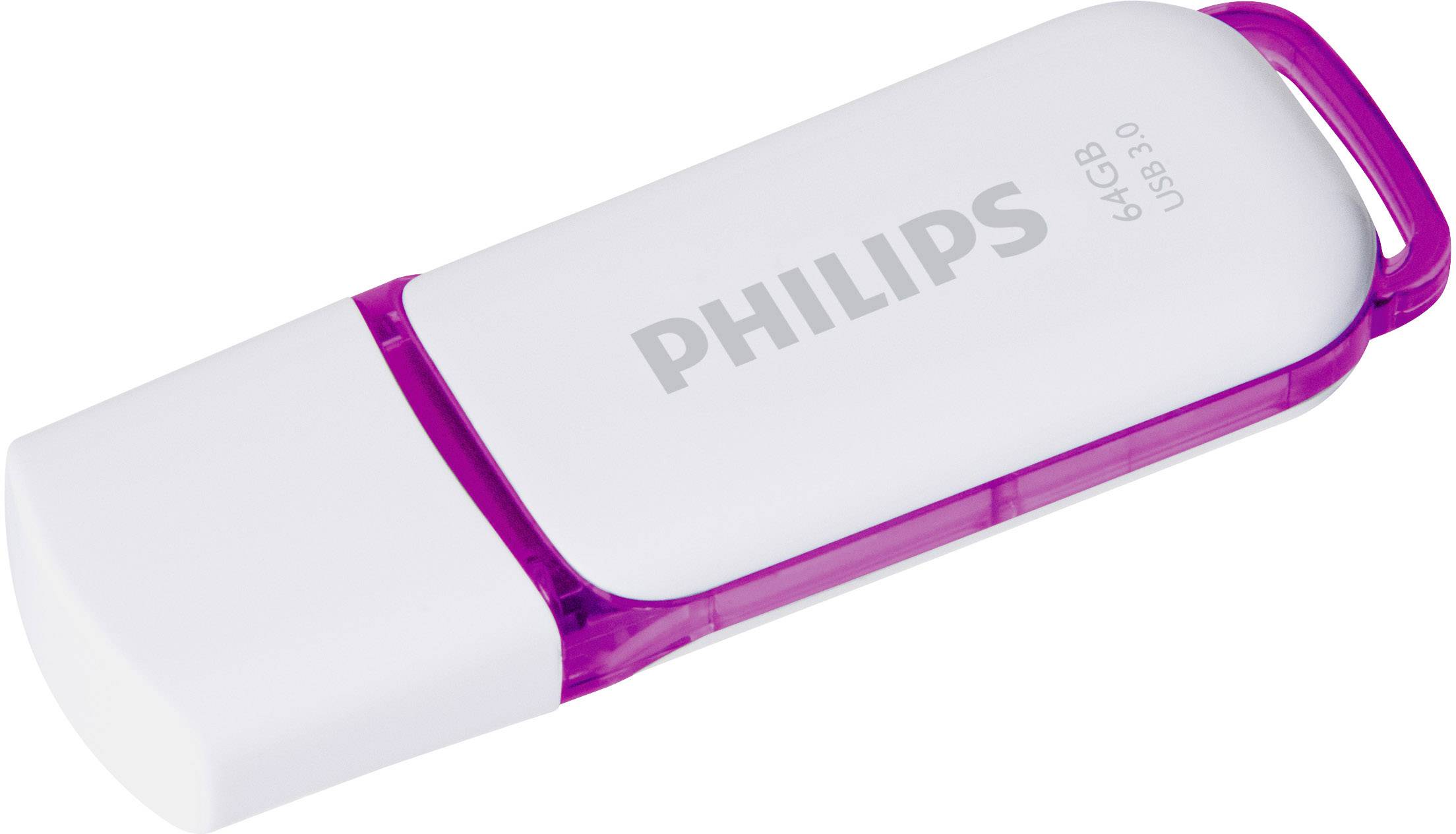 Clé USB de 64 Go, avec logo Philips imprimé. Boîtier en blanc et rose.
