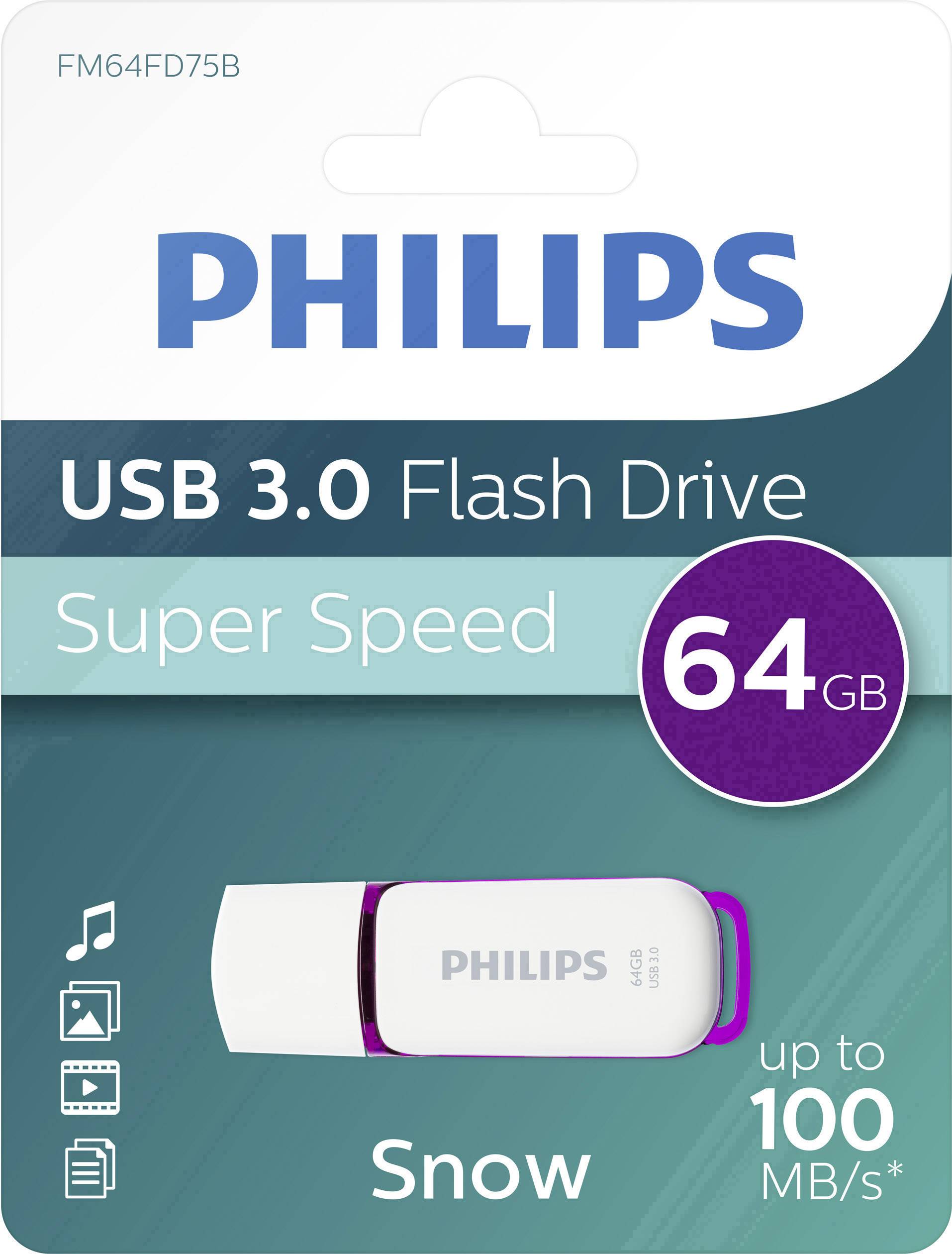Emballage d'une clé USB 3.0 Philips de 64 Go. Inscription : 'Super Speed', 'Snow', transfert de données jusqu'à 100 Mo/s.