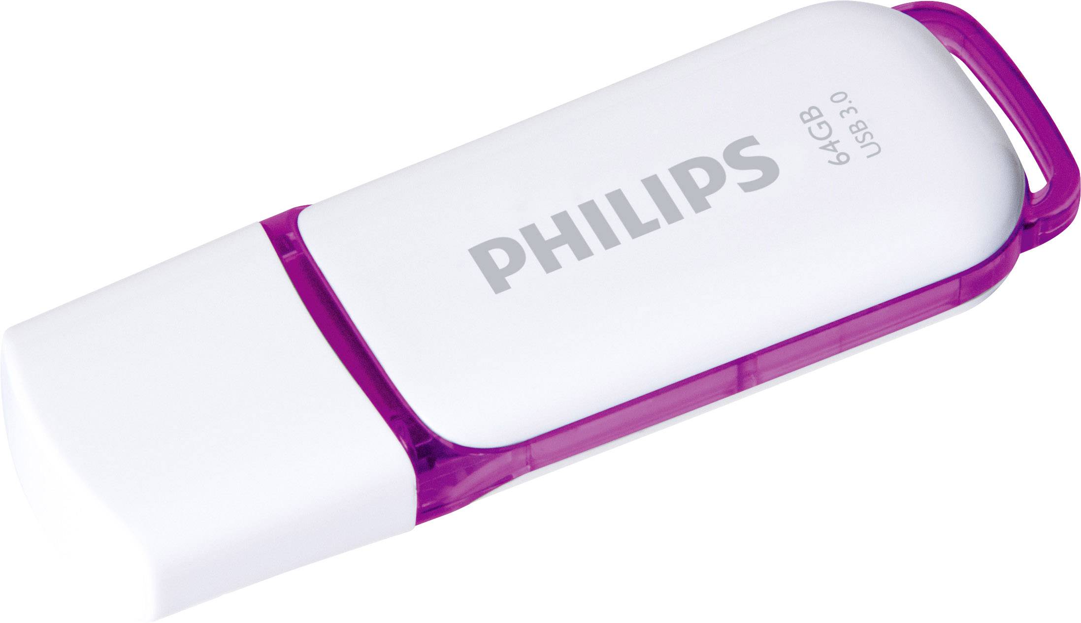 Une clé USB blanche avec un bord violet, sur laquelle est inscrit 'Philips 64Go USB 3.0', pour stocker des données.