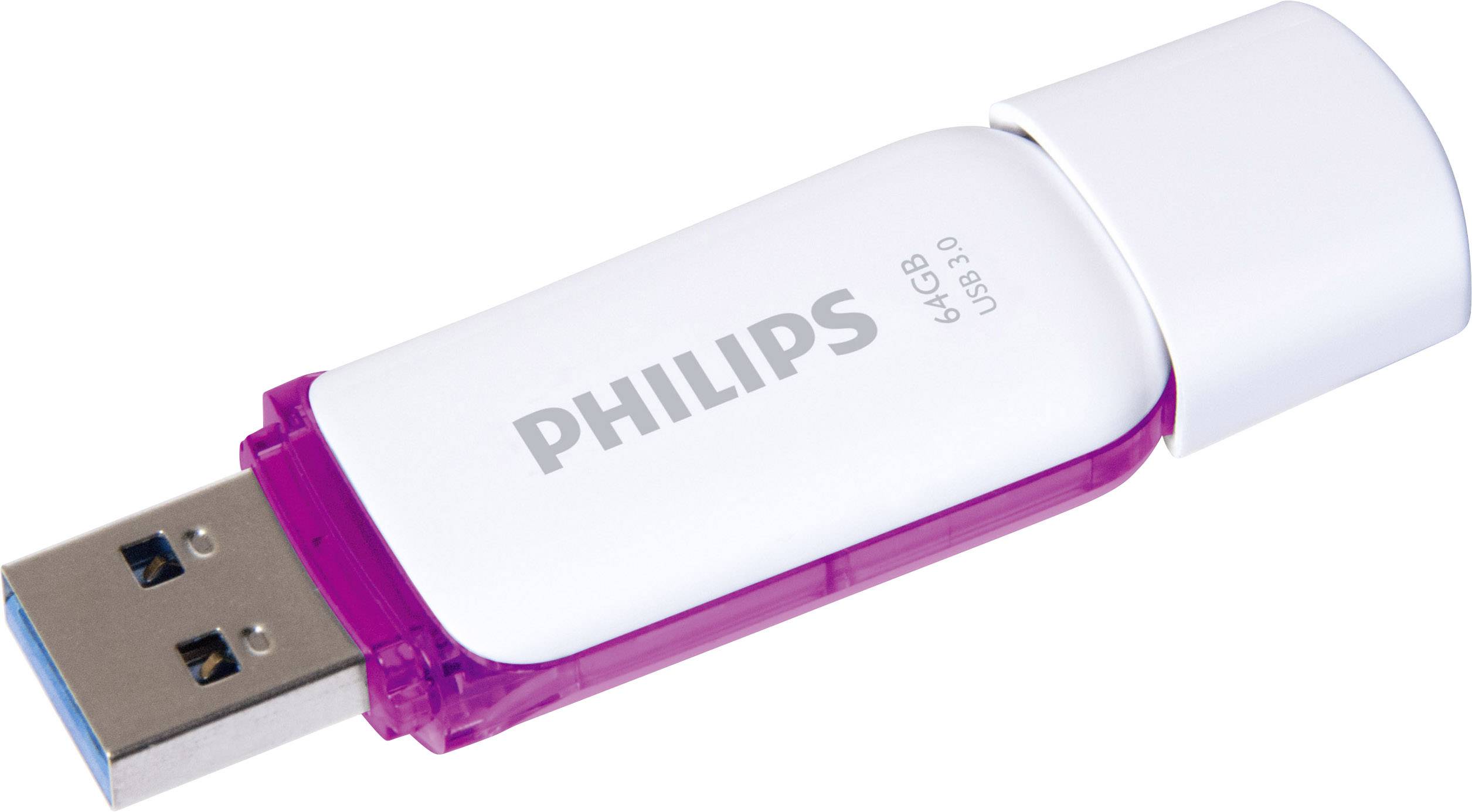 Une clé USB Philips de 64 Go, blanche et rose, avec connexion USB 3.0.