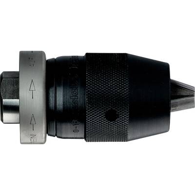 Gros plan d'un mandrin de perceuse noir avec un collier de serrage argenté, présenté de profil sur un fond blanc.