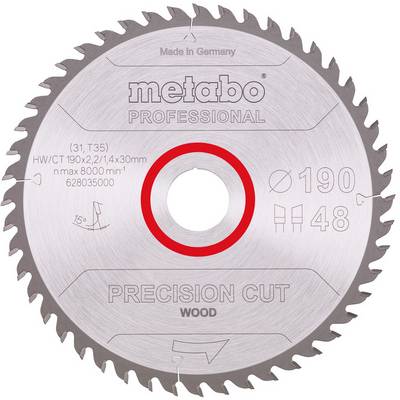 Une lame de scie circulaire de précision pour bois Metabo Professional avec un anneau central rouge, étiquetée « 190 » et « 48 », présentée sur un fond blanc.