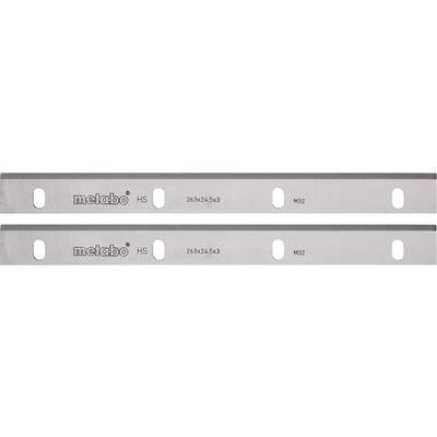 Deux bandes de métal brossé étiquetées metabo HS avec trous de fente et marquages de dimensions 263x24.5x3 et M32, présentées l'une au-dessus de l'autre.