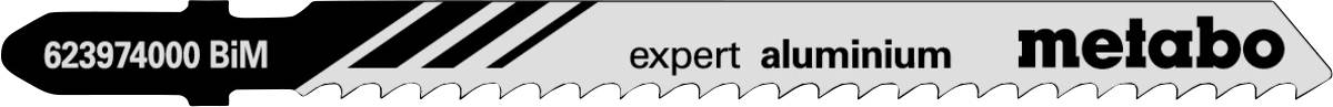 Bannière d'en-tête noire et blanche avec des rayures diagonales, affichant le texte « 623974000 BiM », « expert aluminium », et le logo Metabo.