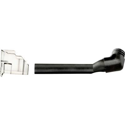 Câble coudé noir avec un connecteur RJ45 de style transparent d'un côté et un connecteur coudé noir de l'autre.