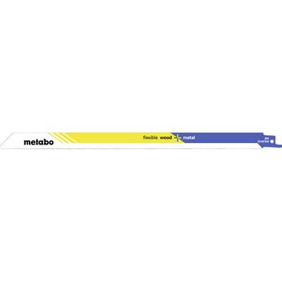 Bannière Metabo avec logo à gauche et le slogan bois + métal flexible sur une bande jaune et bleue.