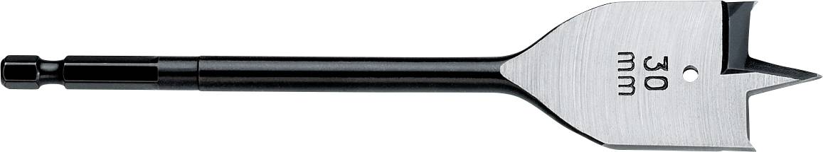 Un foret à bois plat de 30 mm avec une pointe acérée et une queue noire, présenté horizontalement sur un fond blanc.