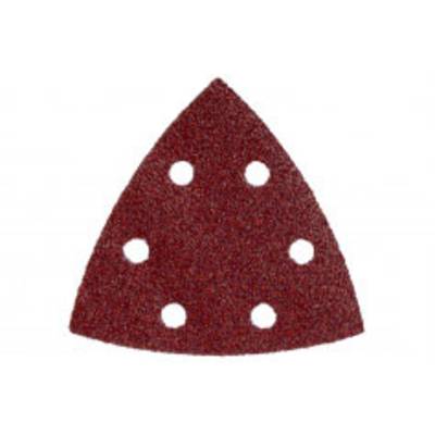 Un papier de verre rouge triangulaire avec six trous ronds pour une ponceuse orbitale.