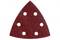 Un papier de verre rouge triangulaire avec six trous ronds pour une ponceuse orbitale.