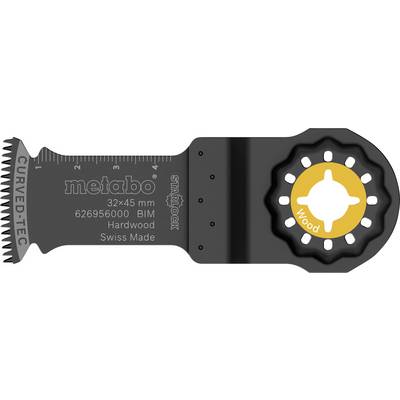 Lame d'outil oscillant Metabo noire portant les étiquettes « CURVED-TEC » et « Bois », avec des marquages 32x45 mm et un trou de fixation en forme d'étoile.