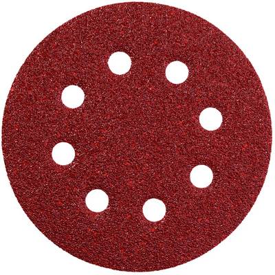 Disque de ponçage circulaire rouge avec huit trous blancs régulièrement espacés sur un fond uni.