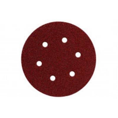 Disque abrasif rouge à six trous pour fixation sur des appareils de ponçage.
