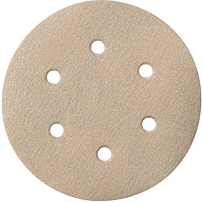 Disque abrasif rond de couleur sable avec six trous, utilisé pour le lissage et l'usure des surfaces dans les outils manuels ou électriques.