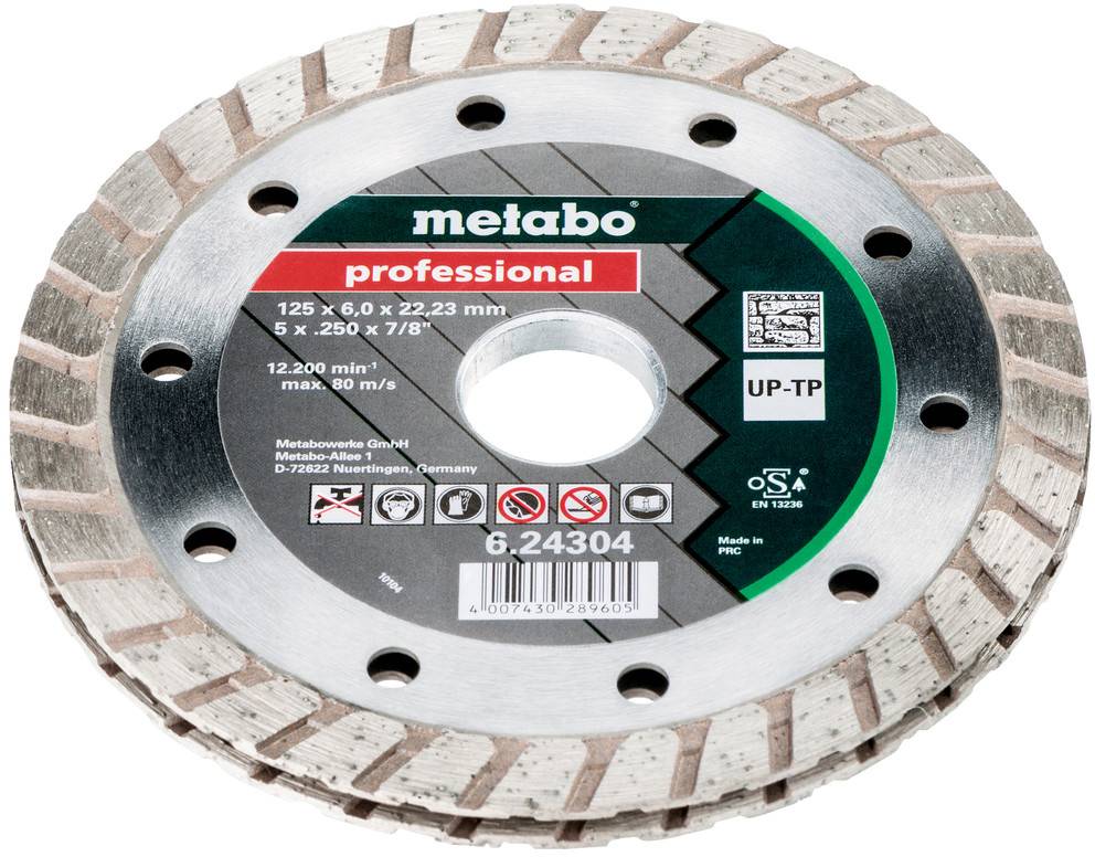Une lame de coupe diamantée segmentée avec un centre en métal, étiquetée « metabo professional » et « UP-TP », présentée sur fond blanc.