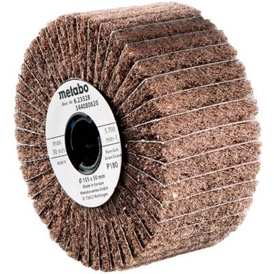 Une meule à lamelles abrasive cylindrique marquée « metabo » avec un grain P180, présentée sur un fond blanc.