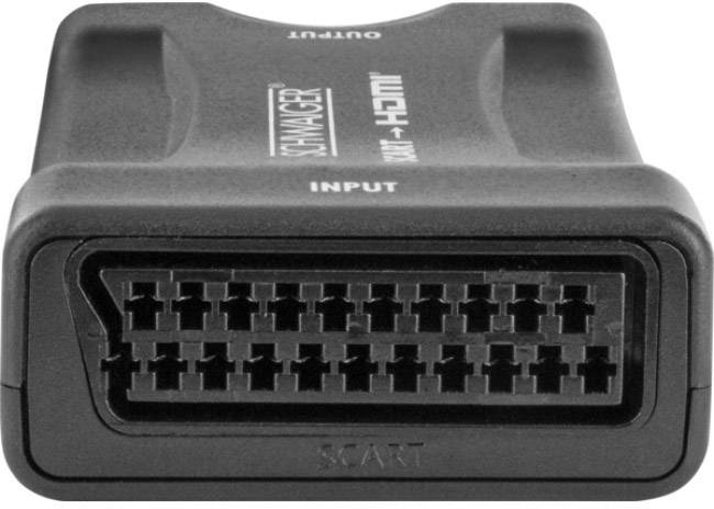 Un adaptateur SCART noir avec 'ENTRÉE' et 'SORTIE', utilisé pour connecter des appareils audio et vidéo.