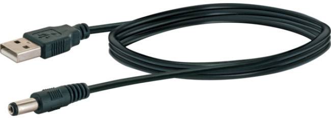 Un câble USB noir avec une fiche USB à une extrémité et une fiche ronde DC à l'autre. Adapté pour l'alimentation électrique.