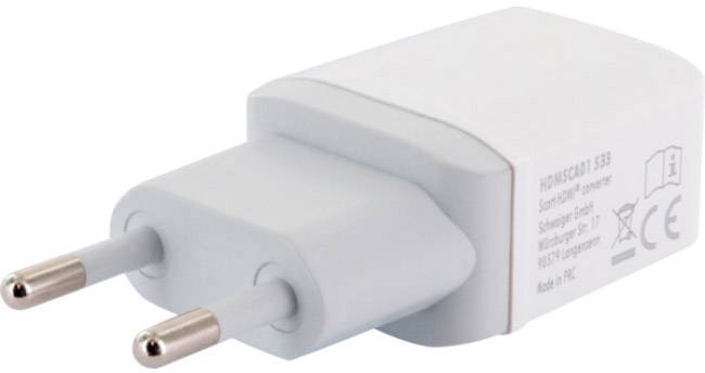 Un chargeur blanc avec deux fiches rondes. Il présente des symboles de normes de sécurité et une mention « Made in PRC ».