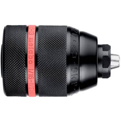 Mandrin de perceuse sans clé en métal noir avec bague de réglage rouge, montré en vue latérale sur fond blanc.