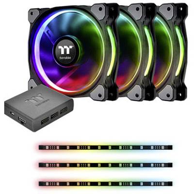 Trois ventilateurs Thermaltake RGB avec boîtier de contrôle et bande LED. Les ventilateurs affichent des effets lumineux colorés, adaptés aux boîtiers d'ordinateur.