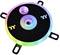 Bloc de refroidissement pour ordinateur noir et rond, avec des couleurs RGB lumineuses et deux connecteurs, encadré par des supports métalliques.