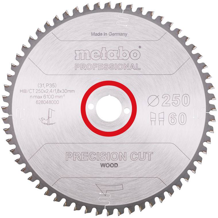 Une lame de scie circulaire de précision Metabo Professional pour le bois, étiquetée 250 mm et 60 dents, présentée de face sur un fond blanc.