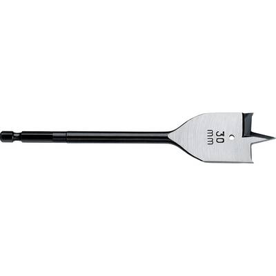 Foret plat pour bois de 30 mm avec queue noire et tête de coupe argentée, présenté sur un fond blanc.