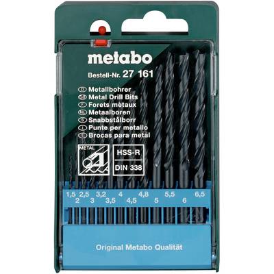 Coffret de forets Metabo en différentes tailles, avec étiquetage en plusieurs langues. Contient 10 forets métalliques de 1,5 à 6,5 mm.
