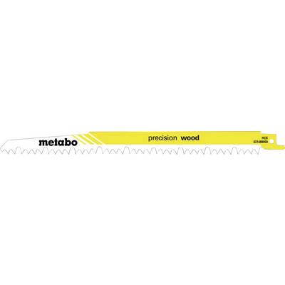 Lame de scie à bois de précision Metabo sur emballage jaune, étiquetée HCS 634100000, avec illustration de profil de dents fines.