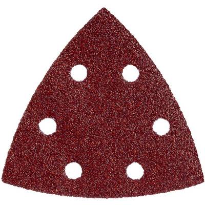 Feuille de papier abrasif triangulaire rouge avec six trous ronds sur un fond blanc.