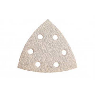 Un papier de verre triangulaire avec six trous, adapté pour une ponceuse orbitale, sur fond blanc.