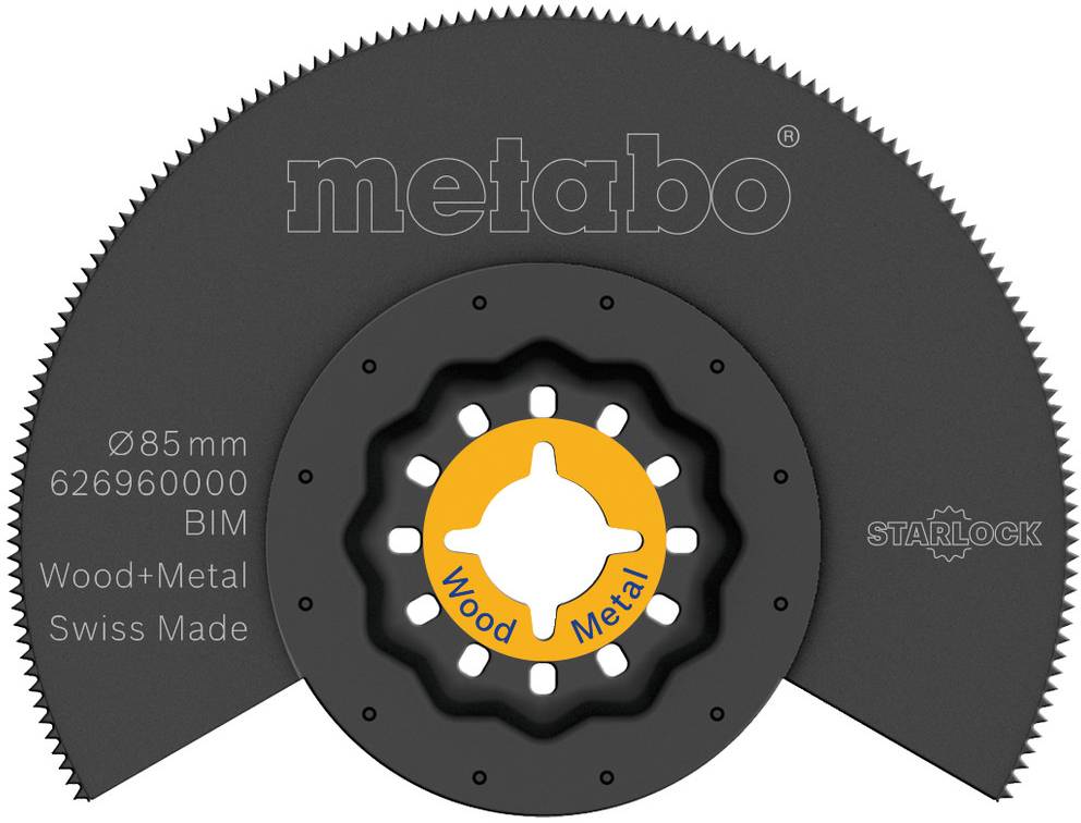 Lame de scie oscillante Metabo Starlock pour bois et métal, marquée Ø85 mm et 626960000 BIM, Fabriqué en Suisse.