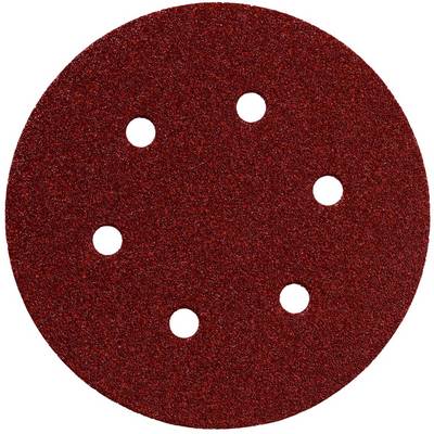 Disque de ponçage abrasif circulaire rouge avec six découpes de trous blancs régulièrement espacés sur un fond uni.