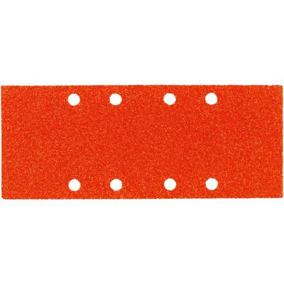 Un morceau de papier de verre rectangulaire rouge avec six trous ronds régulièrement répartis.