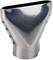 Un outil de montage métallique argenté pour applications industrielles, en forme d'entonnoir avec une large ouverture en haut et une sortie étroite en bas.