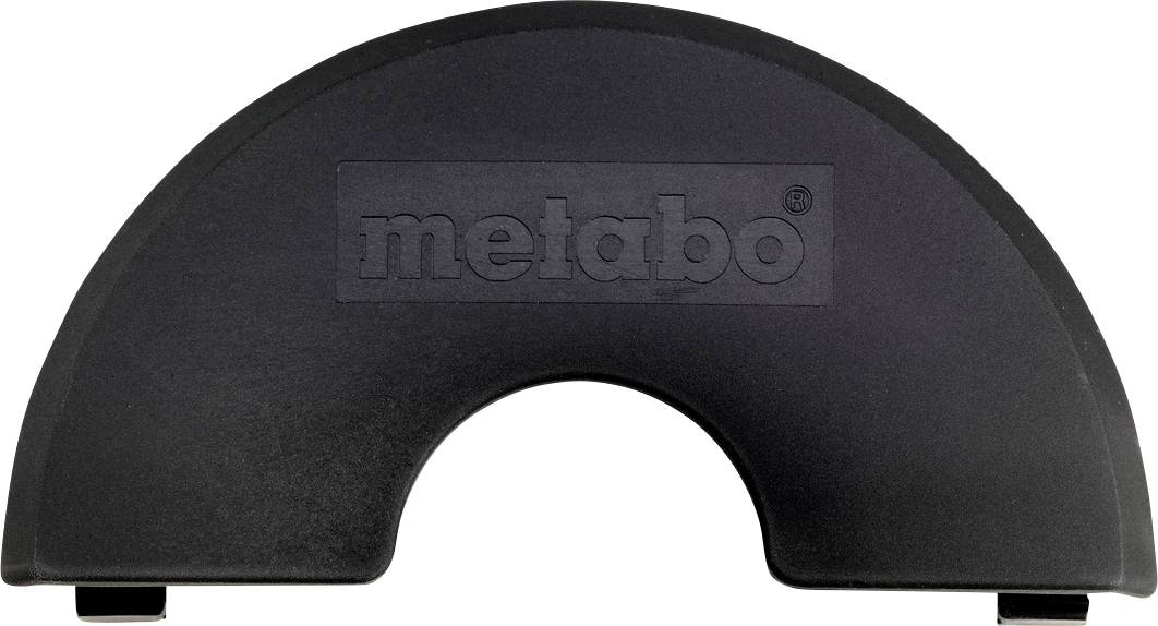 Protecteur d'outil de marque Metabo noir avec une découpe semi-circulaire et deux petits pieds sur un fond blanc.
