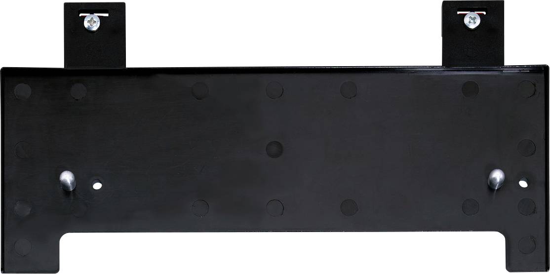 Équerre de montage en métal noir avec deux languettes supérieures et découpe le long du bord inférieur, présentée sur fond blanc.