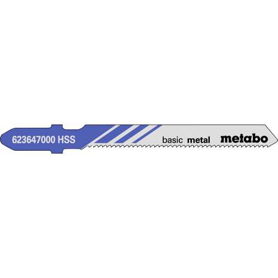 Étiquette de foret métallique affichant « 623647000 HSS », « métal de base », et le logo Metabo sur un emballage à rayures grises et bleues.