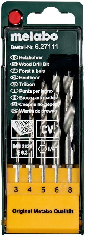 Ensemble de forets à bois Metabo dans un étui en plastique, avec cinq forets aux tailles étiquetées 3, 4, 5, 6 et 8 mm, et « Qualité Metabo Original » sur l'emballage.