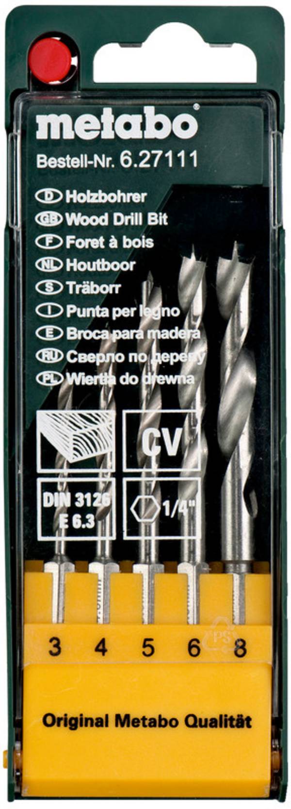 Metabo 627111000 Jeu de forets pour le bois 5 pièces 3 mm, 4 mm, 5 mm, 6 mm, 8 mm 1 pc(s)