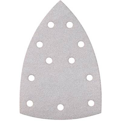 Avant d'une feuille de ponçage de forme grise en goutte d'eau avec plusieurs trous de perforation ronds pour l'extraction de la poussière.