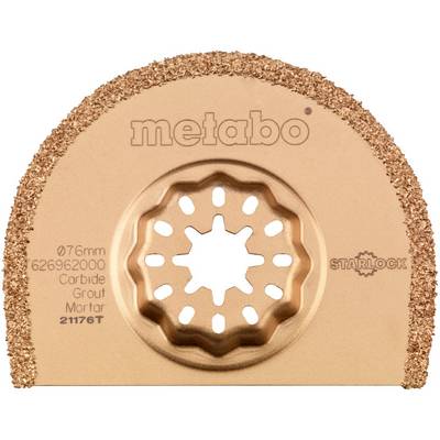Lame de coupe de joint/mortier Metabo Starlock avec bord abrasif semi-circulaire et trou de montage central en carbure.