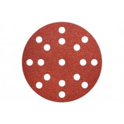 'Disque abrasif rouge au design circulaire et pourvu de plusieurs petits trous. Utilisé pour le polissage et le meulage de surfaces.'