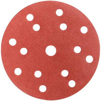 Disque circulaire rouge avec un trou central plus grand et plusieurs petits trous régulièrement espacés, ressemblant à une feuille abrasive perforée ou un gabarit.