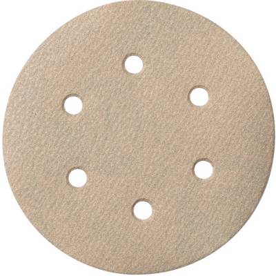 Disque de ponçage rond beige avec six trous régulièrement espacés sur un fond blanc.